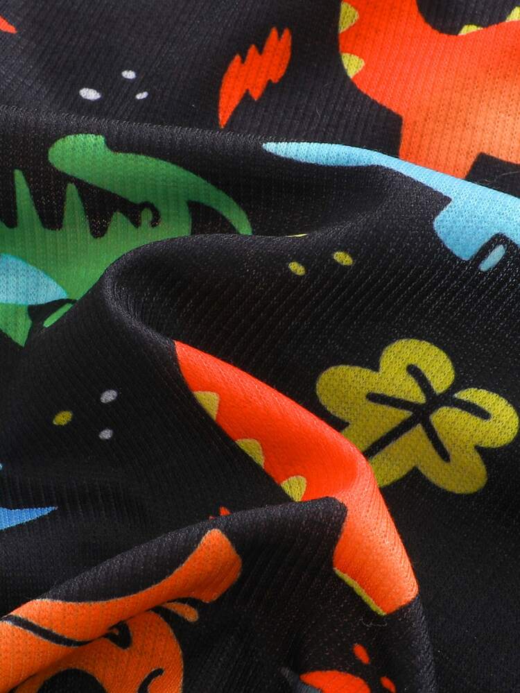 SHEIN Young Boy Glow-In-The-Dark Dinosaur Pattern Casual Minimalist Snug Fit Comfortable Thick Long Sleeve Crew Neck Long Pants Loungewear Suitable For Autumn/Winter - Multicolor - View 4