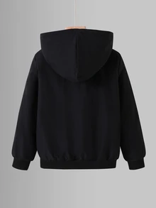 SHEIN 男孩大號黑色夾克，灰色抓絨內裡，舒適簡約休閒百搭，適合外出，適合秋冬穿著 - 黑色 - 查看 2