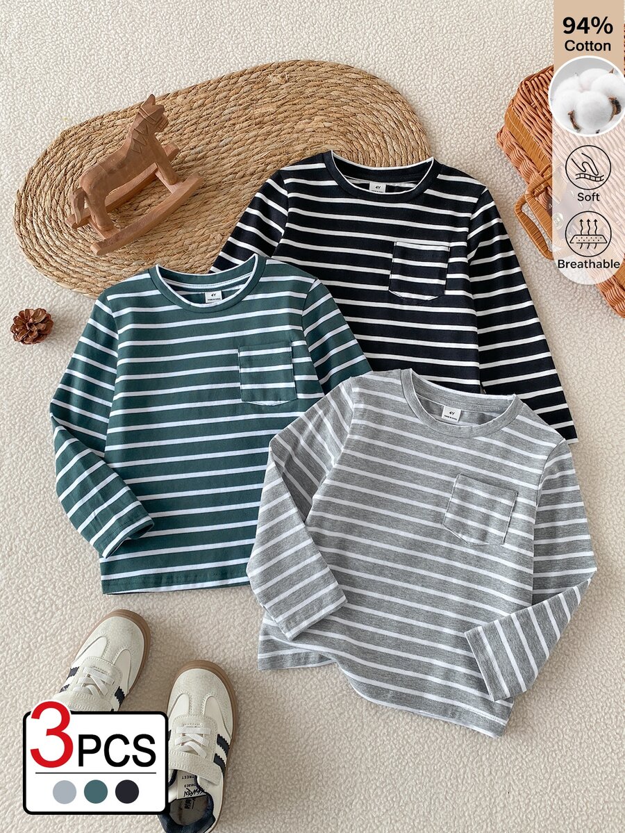 SHEIN 3pcs/Set Boys Striped T-Shirt, Autumn/Winter Base Layer - Multicolor - View 1
