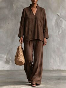 SHEIN Autumn Brown 2 Pieces Set Striped Pants With Pockets Casual Country Style Holiday Outing Outfit - Brown - View 5