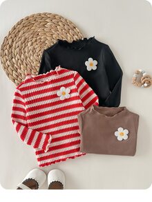 SHEIN 女嬰可愛休閒針織條紋花卉圖案長袖上衣 3件套（上衣與下裝分開銷售） - 紅色 - 查看 6