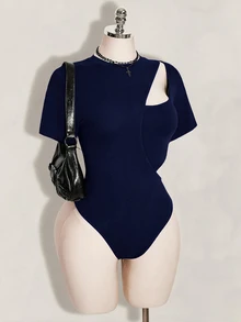 SHEIN ICON Women's Plus Size Y2K Black Autumn Night Out Club Rave Retro Hollow-Out Deconstructed 2 In 1 Slim Fit T-Shirt Bodysuit Urban Streetwear - Navy Blue - View 6