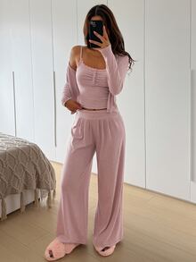 DAZY Women's Lace Patchwork Camisole Top, Long Pants And Cardigan Casual Daily Home Sleepwear Set - Pink - View 5