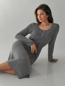 DAZY Women's Striped Button Design Long Sleeve Casual Loungewear Dress - Grey - View 10