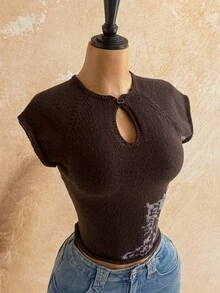 Soleia Atasan Rajut Lengan Raglan Leher Lubang Kancing Motif Hewan untuk Wanita - Coffee Brown - View 7