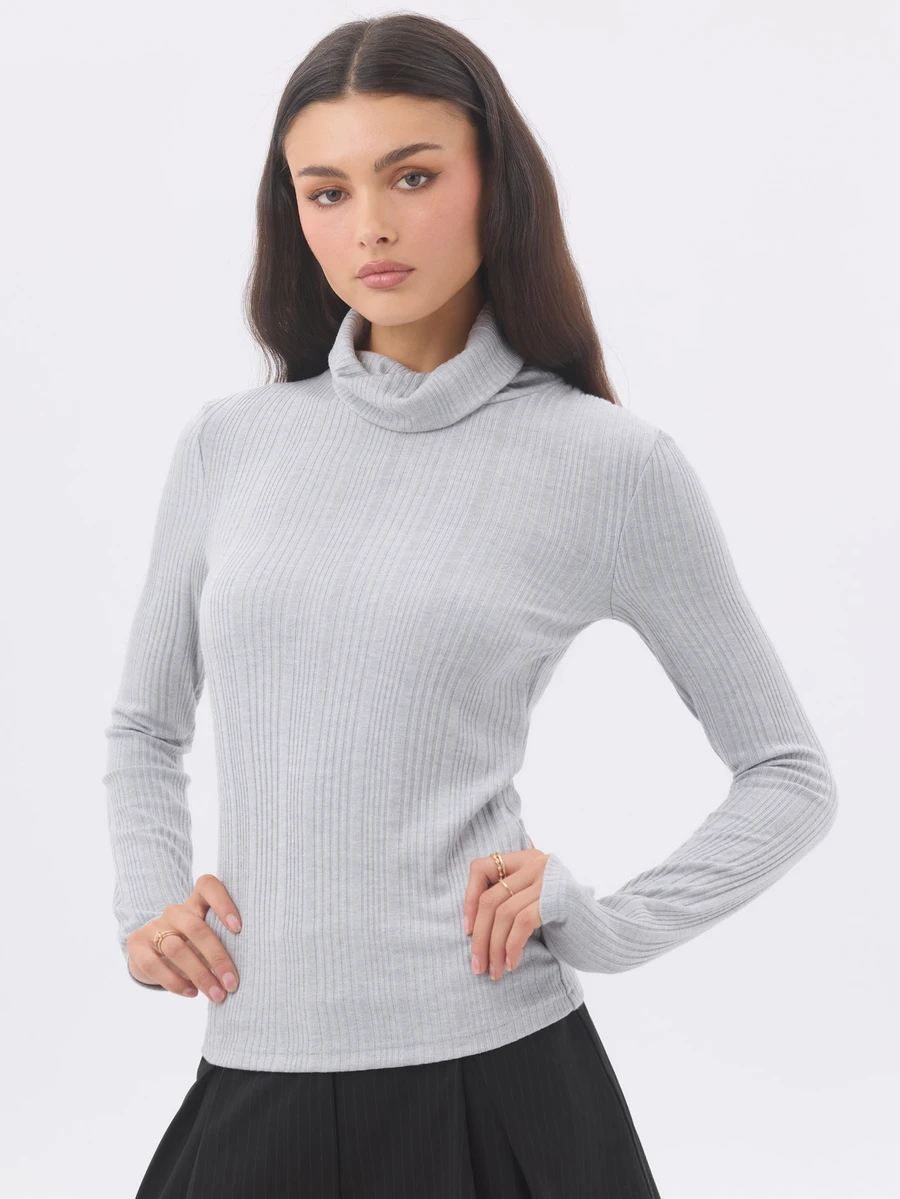 KÆRIA Hus Long Sleeve Roll Neck Top - Metallic Rib Jersey - Silver Grey - Layering, Minimalist, Modern - Grey - View 1