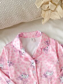 SHEIN 少女可愛休閒針織卡通圖案長袖居家服套裝 - 粉色 - 查看 4