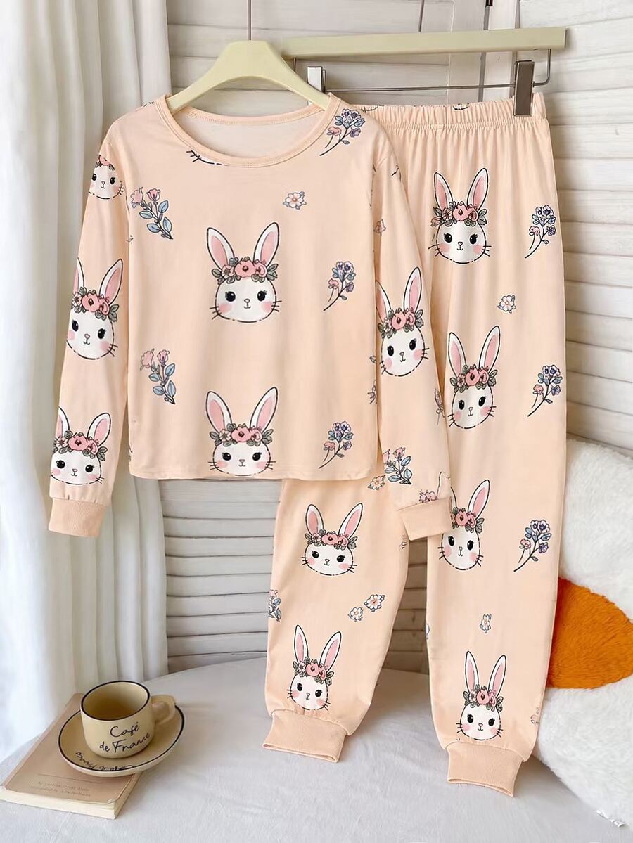 Tween女孩休閒日常童裝百搭舒適圓領長袖卡通圖案家居服修身款 1套隨機發貨(5款設計中) - 杏色 - 查看 1