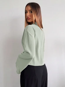 Aloruh Women's Solid Color Stand Collar Drop Shoulder Long Sleeve Waist Buckle Design Fashion Shirt - Green - View 2