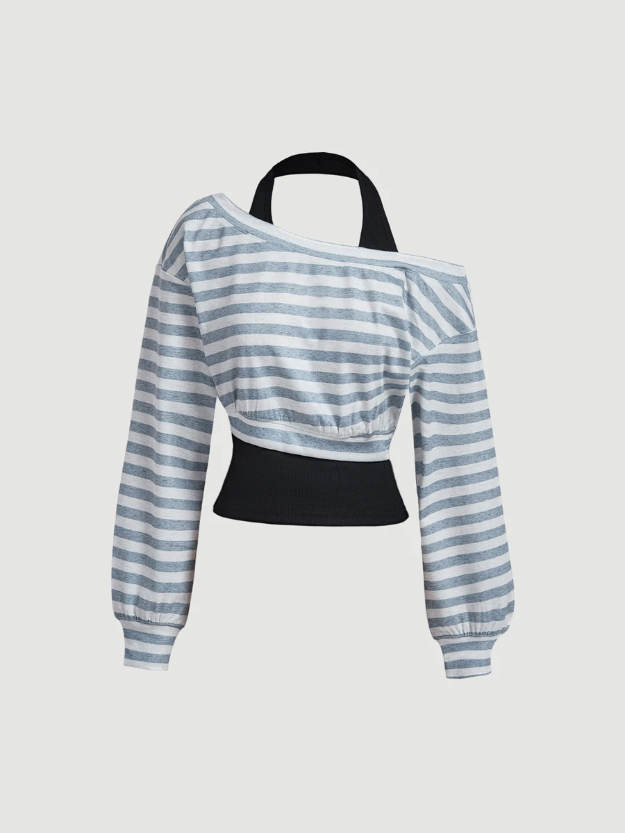 SHEIN MOD 女款條紋長袖 2 合 1 休閒掛脖領衛衣 - 淺灰色 - 查看 1