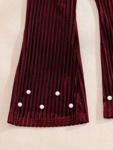 SHEIN Young Girl Knitted Solid Color Beaded Asymmetrical Hem Casual T-Shirt And Fitted Flare Pants 2 Pieces Set - Red - View 7