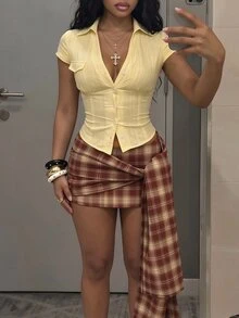 StreetHx 女款棕色格紋綁帶迷你裙，適合夜晚派對、早午餐與外出，秋季性感 Y2K 2000s 風格 - 彩色 - 查看 5