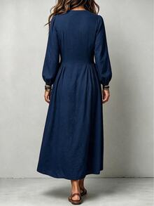 Linhara CURVE Plus Size V-Neck Casual Lantern Sleeve 3/4 Sleeve Button Front Umbrella Hem Ruched Dress - Blue - View 2