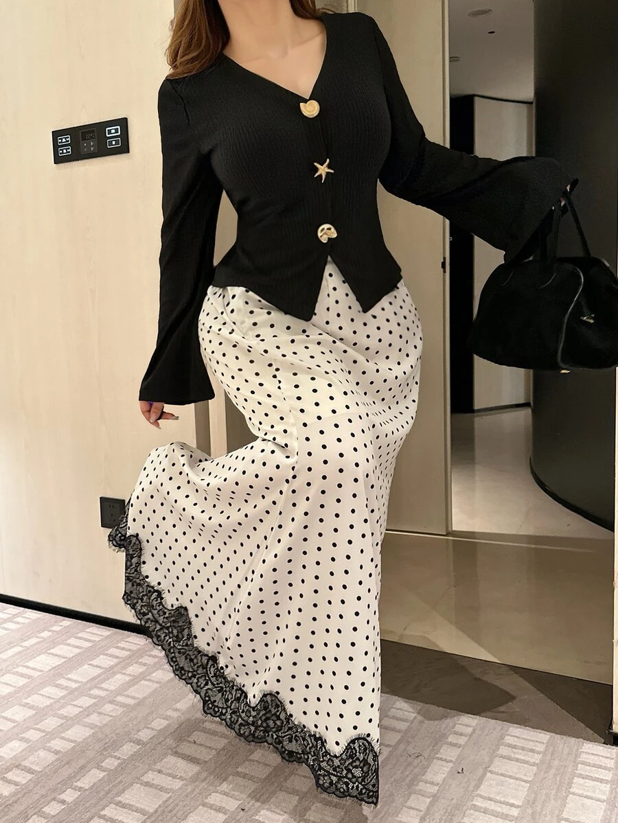 Vibekara Plus Size Sexy Style Top And Polka Dot Skirt 2 Pieces Set Fall - Black - View 1