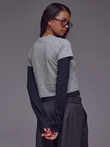 MUSERA White Colour Contrast Overlay Long Sleeve Top Winter Autumn Everyday Casual Going Out Cool Weekdaze - Grey - View 5