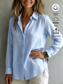 SHEIN EZwear 女款領口長袖鈕扣設計休閒熱帶度假風極簡日常外出上衣 修身收腰秋季襯衫 嬰兒藍 - 淺藍色 - 查看 5