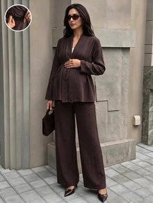 SHEIN 孕婦純色百褶長袖上衣與可調腰長褲休閒日常兩件套秋季 - 咖啡棕 - 查看 9