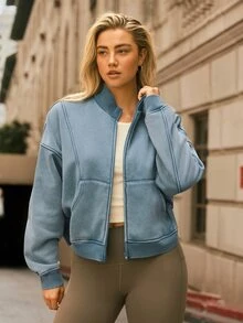 Voyena Women's Plus Size Zipper Pocket Long Sleeve Sports Sweatshirt - Teal Blue - View 6