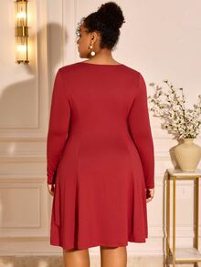 BrightlyHer Plus Size Burgundy Rhinestone V Neck Long Sleeve Dress Elegant Formal Party Evening Fall Winter 2026 Christmas - Burnt Orange - View 4