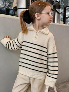 Hapijoa Young Girl) Striped Casual Collared Thick Autumn/Winter Sweater - Beige - View 5