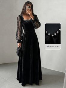 Modelyn Women's Black Velvet Knit Computer Rhinestone Lace Long Sleeve Cinched Waist A-Line Elegant Romantic Long Dress - Black - View 8
