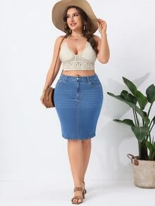 EMERY ROSE Plus Size Women's Casual Daily Outing Washed Denim Skirt With Pockets And Buttons - Medium Wash - View 3