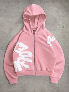 PAVTROS Men's Letter Graphic Hooded Zip-Up Casual Daily Long Sleeve Sweatshirt - Pink - View 1