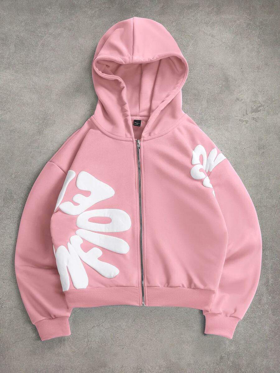 PAVTROS Men's Letter Graphic Hooded Zip-Up Casual Daily Long Sleeve Sweatshirt - Pink - View 1