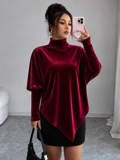 Elenzga Top T-shirt élégant asymétrique à ourlet roulé en velours tricoté de couleur unie à col roulé polyvalent pour femmes, convient pour les fêtes, les rendez-vous, la saison des mariages, les trajets professionnels, l'élégance des affaires, Halloween, la rentrée scolaire, la fête des enseignants, Noël, Thanksgiving, la fête des mères, Top T-shirt à manches longues pour femmes, Top T-shirt bordeaux printemps/automne