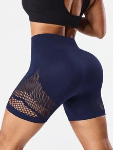 SHEIN Sports 1pc Moisture-Wicking Mesh Design Basic Black Workout Shorts, Seamless For Fitness/Yoga - Navy Blue - View 2