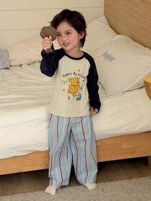DAZY Baby Boy Letter Cartoon Print Raglan Long Sleeve Top And Pants Loungewear Set - Blue and White - View 6