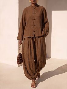 Zivah New Elegant Women's New Chinese Style Brown Textured Jacquard Fabric With Frog Button Design Long Sleeve Jacket And Unique Lantern Pants 2 Pieces Set, Suitable For Multiple Occasions - Brown - View 4