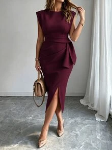 Elenzga Women's Plus Size French Elegant Solid Color Padded Shoulder Sleeveless Dress, High Waist Side Tie Ruched Flattering Asymmetrical Hem Midi Dress For Commute - Burgundy - View 5