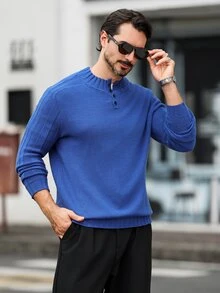 Marcello Vane 男士舒適半開襟鈕扣長袖針織衫 - 藍色 - 查看 1