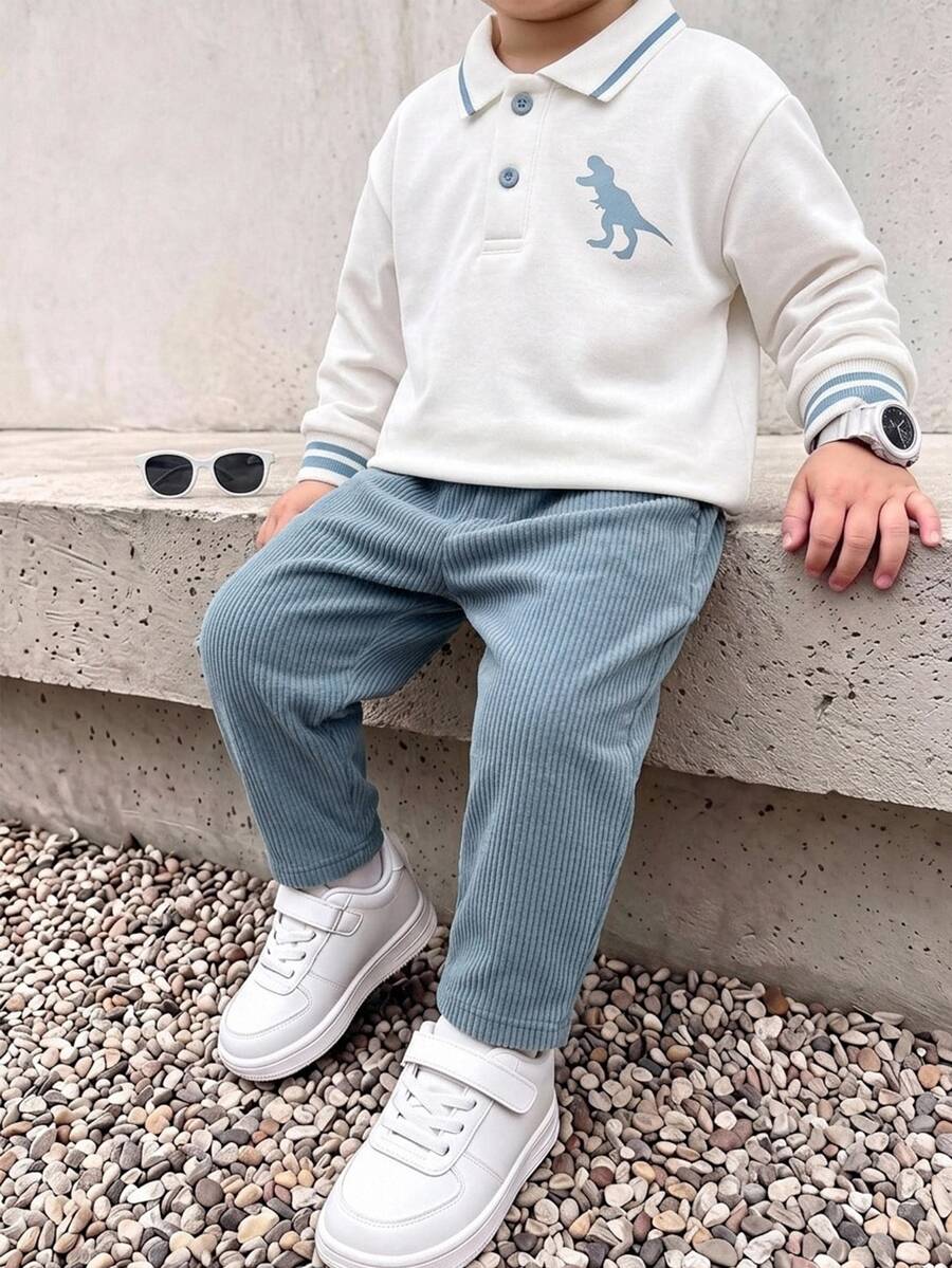 SHEIN Young Boy Cartoon Dinosaur Kids Print Long Sleeve Polo Collar Sweatshirt And Pants Casual Set - Multicolor - View 1
