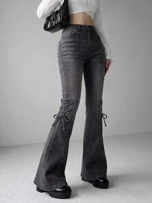 FRIFUL Women's Casual Flare Jeans With Pocket And Eyelet Lace-Up Design - Dark Grey - View 9