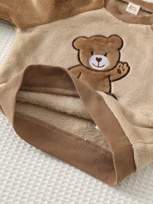 Cozy Pixies 男嬰卡通動物圖案抓絨內裡加厚圓領長袖套頭運動衫與鬆緊腰長褲2件套，舒適親膚百搭時尚簡約風格，適合室內、戶外、日常、運動、玩耍、派對、攝影、假期、聖誕節，小熊造型男嬰套裝 - 卡其色 - 查看 10