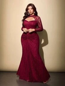 Viva Relle Plus Size Red Lace Hollow Out Stand Collar Long Sleeve Ruched Fitted Mermaid Evening Gown - Red - View 3
