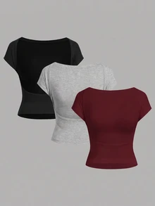 SHEIN EZwear 女款純色圓領露背短袖休閒T恤（3件組） - 彩色 - 查看 1