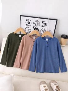 SHEIN 3件組男童休閒舒適風紋理布料木紋細節鈕扣 Polo 衫圓領長袖 T-shirt 多色 - 彩色 - 查看 6