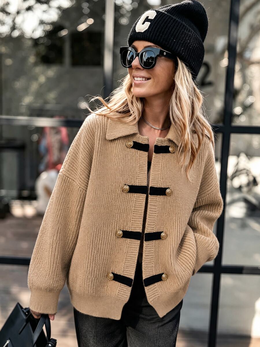 Balvessa Women's Autumn/Winter Button Design Dropped Shoulder Long Sleeve Knit Cardigan - Khaki - View 1