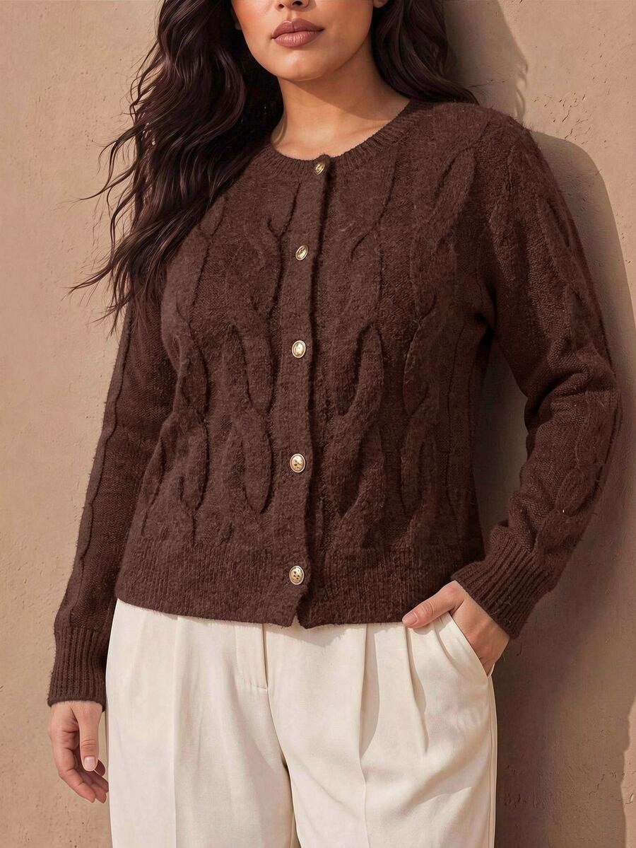 Juhart Plus Size Women's Solid Color Casual Versatile Daily Wear Cardigan - Brown - View 1