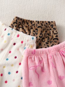 SHEIN 3件組幼兒女嬰褲 可愛甜美 粉色白色棕色 豹紋波點愛心蝴蝶結 毛絨加厚 戶外度假 冬季秋季 慢跑彈性褲 - 黑色 - 查看 4