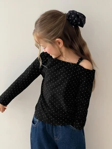 DAZY Young Girl Korean Style Polka Dot Print Cold Shoulder Long Sleeve T-Shirt - Black - View 1