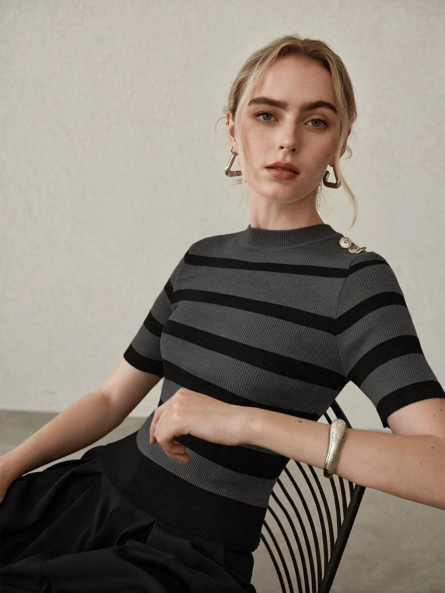 MOTF PREMIUM CONTRAST STRIPED PATTERN GOLD BUTTON DETAIL SLIM FIT KNIT TOP - Grey - View 1