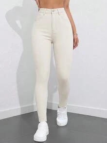 SHEIN ICON 大尺碼女款街頭休閒彈性舒適深藍色牛仔緊身牛仔褲 - 米色 - 查看 4