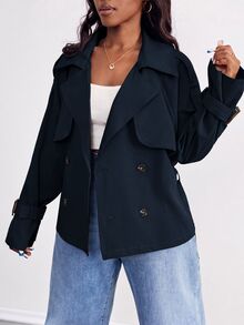 SHEIN PETITE CURVE 大尺碼女款純色插肩袖翻領休閒風衣，秋冬季 - 藏蓝色 - 查看 3