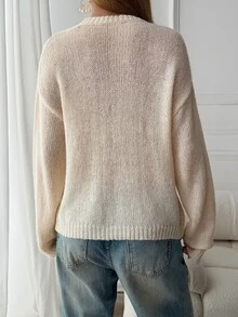 Livesso Women's Autumn/Winter Applique Decor Round Neck Drop Shoulder Long Sleeve Casual Sweater - Beige - View 2