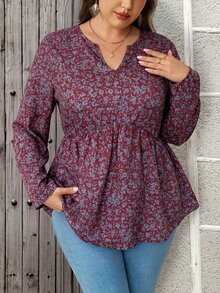 EMERY ROSE Plus Size Women's Floral Print Pleated Casual Versatile Daily Wear Blouse Fall - Burgundy - View 5