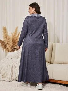 Lacomfia Women's Elegant Ruched Neck Patchwork Floral & Plaid Print A-Line Plus Size Long Sleeve Casual Dress - Grey - View 2